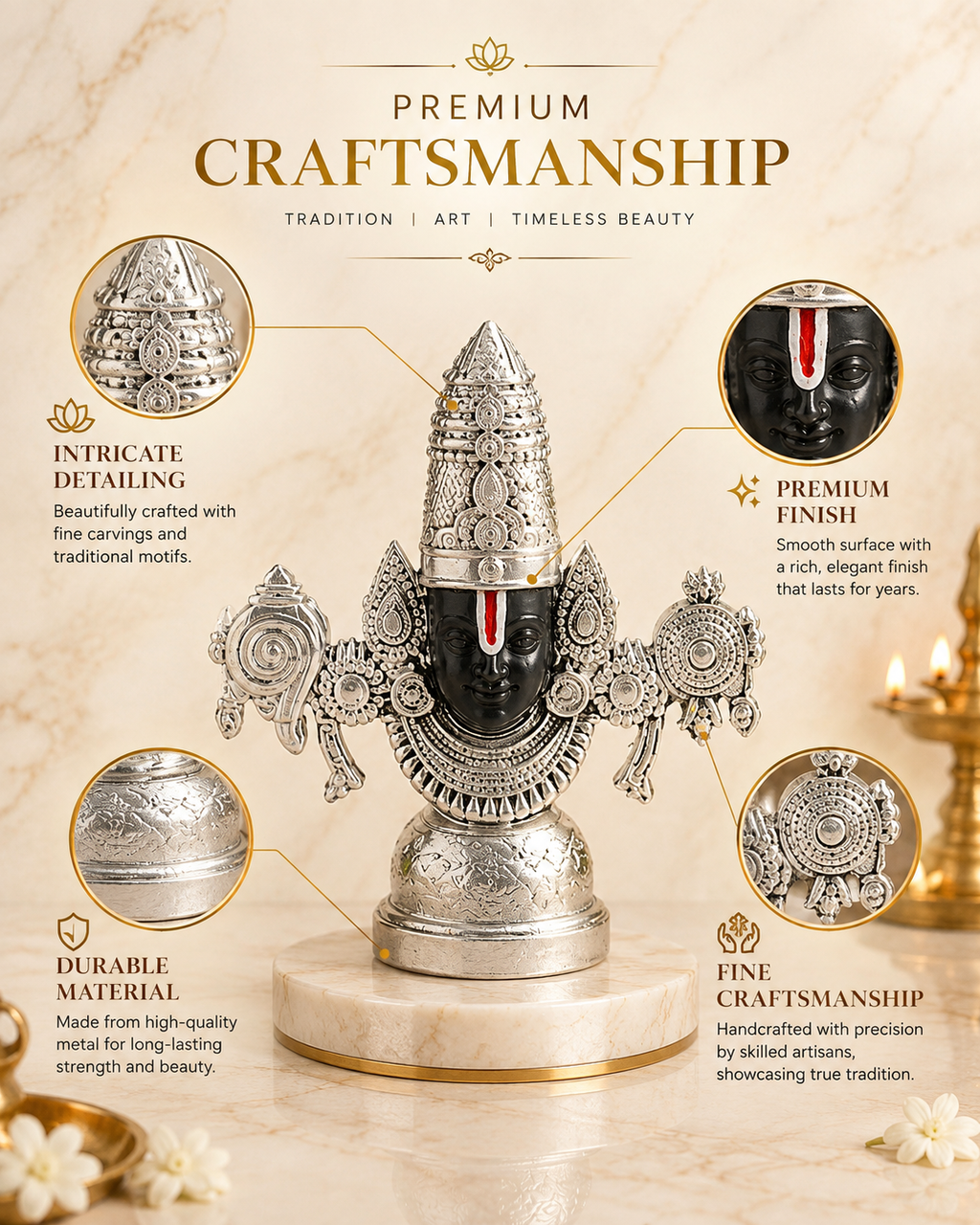 Lord Venkateshwara Balaji Silver Idol – Premium Tirupati Balaji Murti
