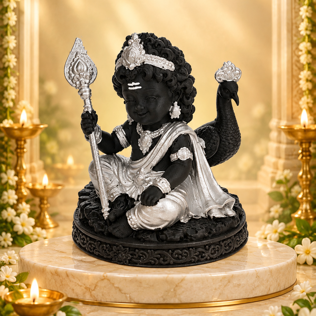 Divine Bala Murugan Idol with Vel & Peacock for Home Pooja & Car Decor (3.5 Inch)