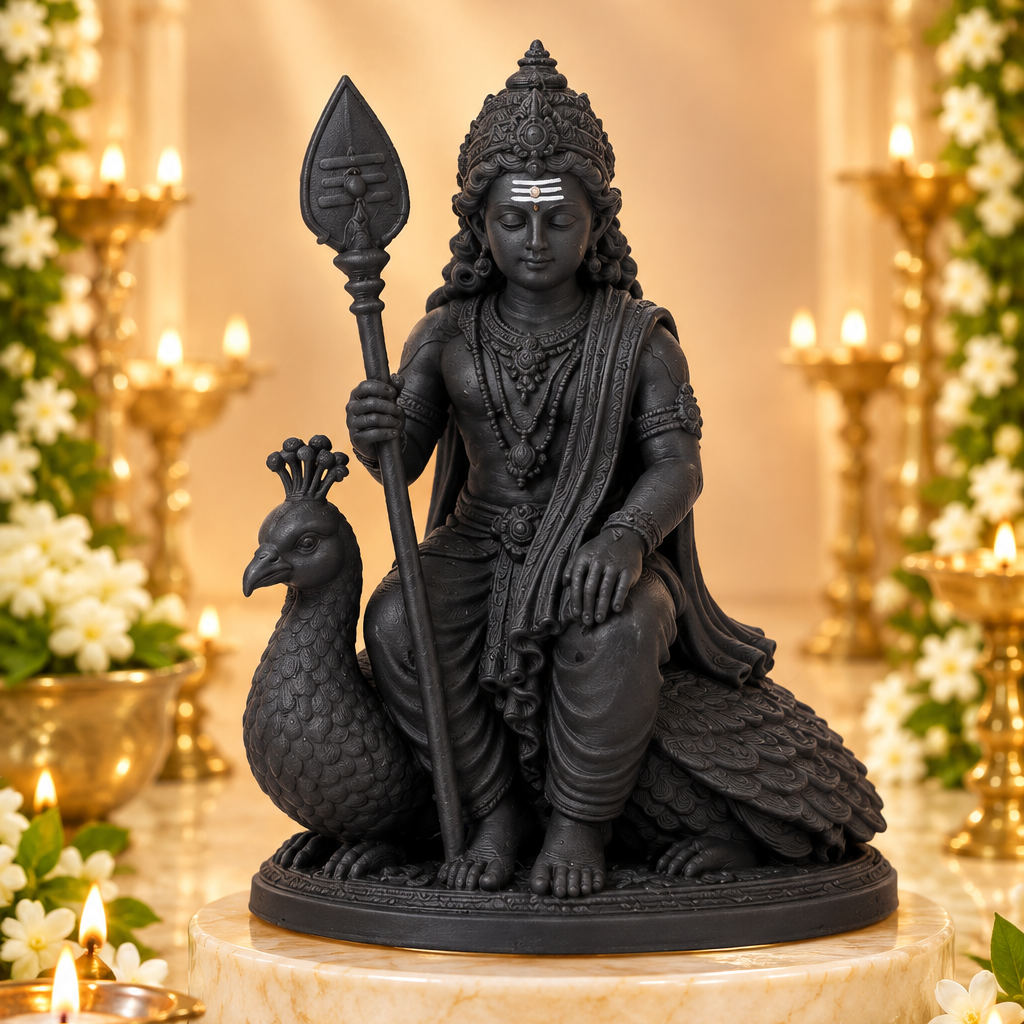 Lord Murugan Murti – Premium Black Kartikeya Statue with Peacock & Vel for Home Temple