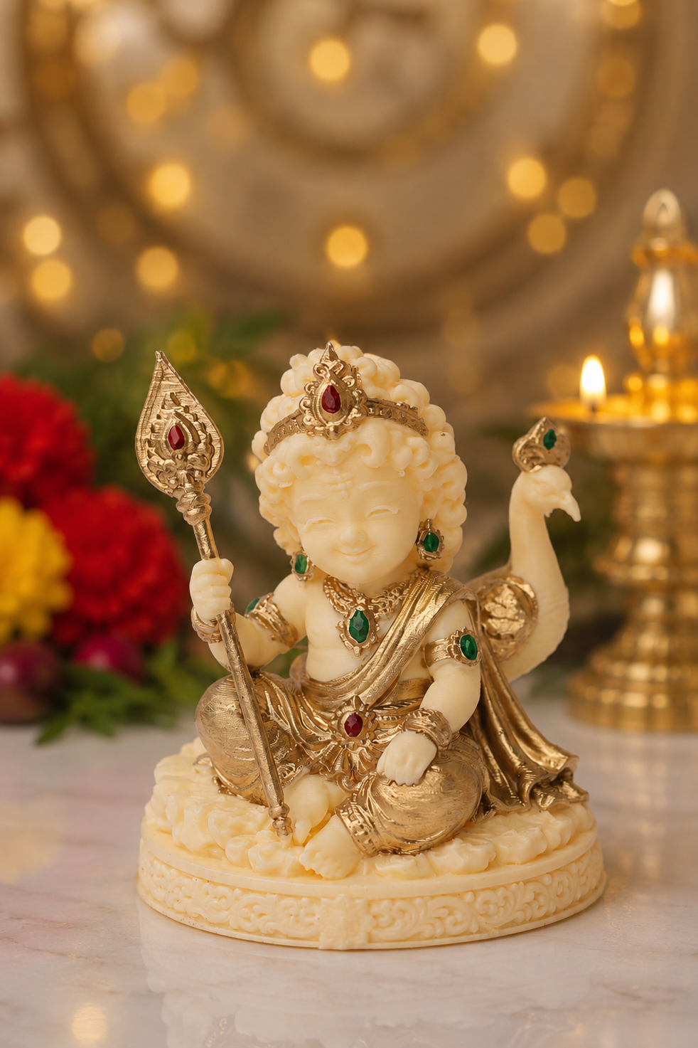 Divine Bala Murugan Idol with Vel & Peacock for Home Pooja & Car Decor (3.5 Inch)