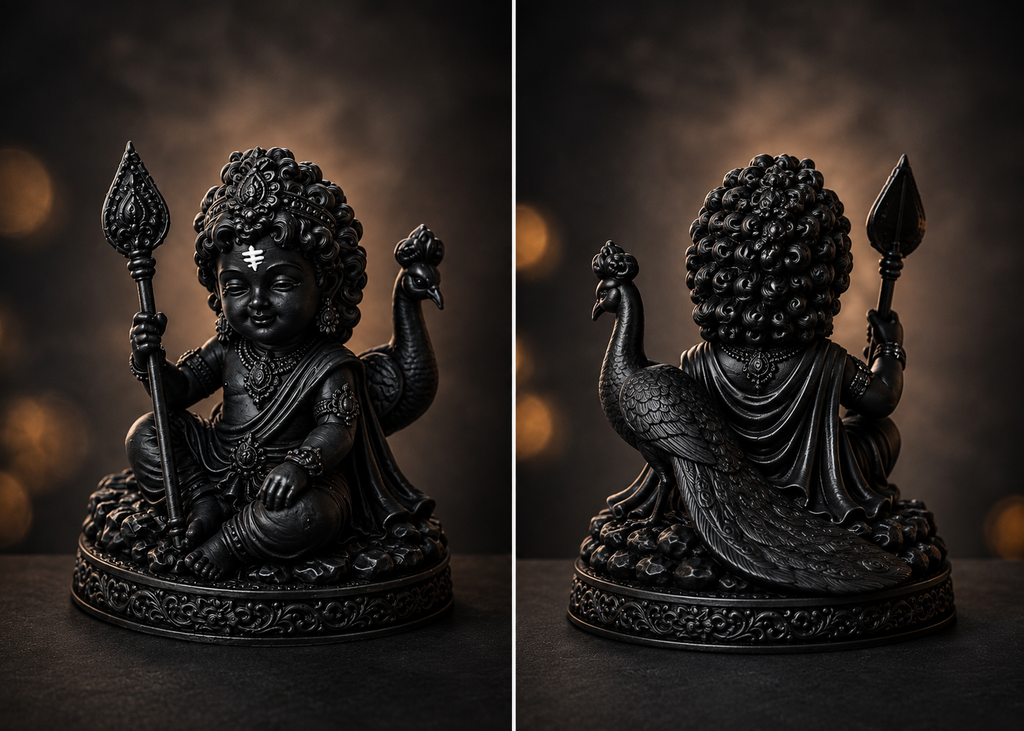 Divine Bala Murugan Idol with Vel & Peacock for Home Pooja & Car Decor (3.5 Inch)