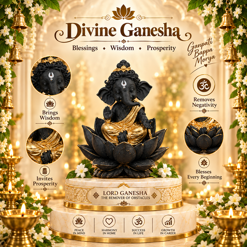 Premium Black & Gold Lord Ganesha Murti | Divine Ganpati Idol for Home, Pooja Room & Office
