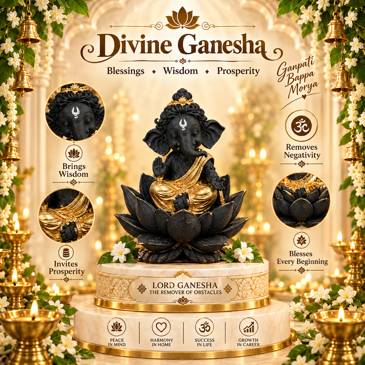 Premium Black & Gold Lord Ganesha Murti | Divine Ganpati Idol for Home, Pooja Room & Office