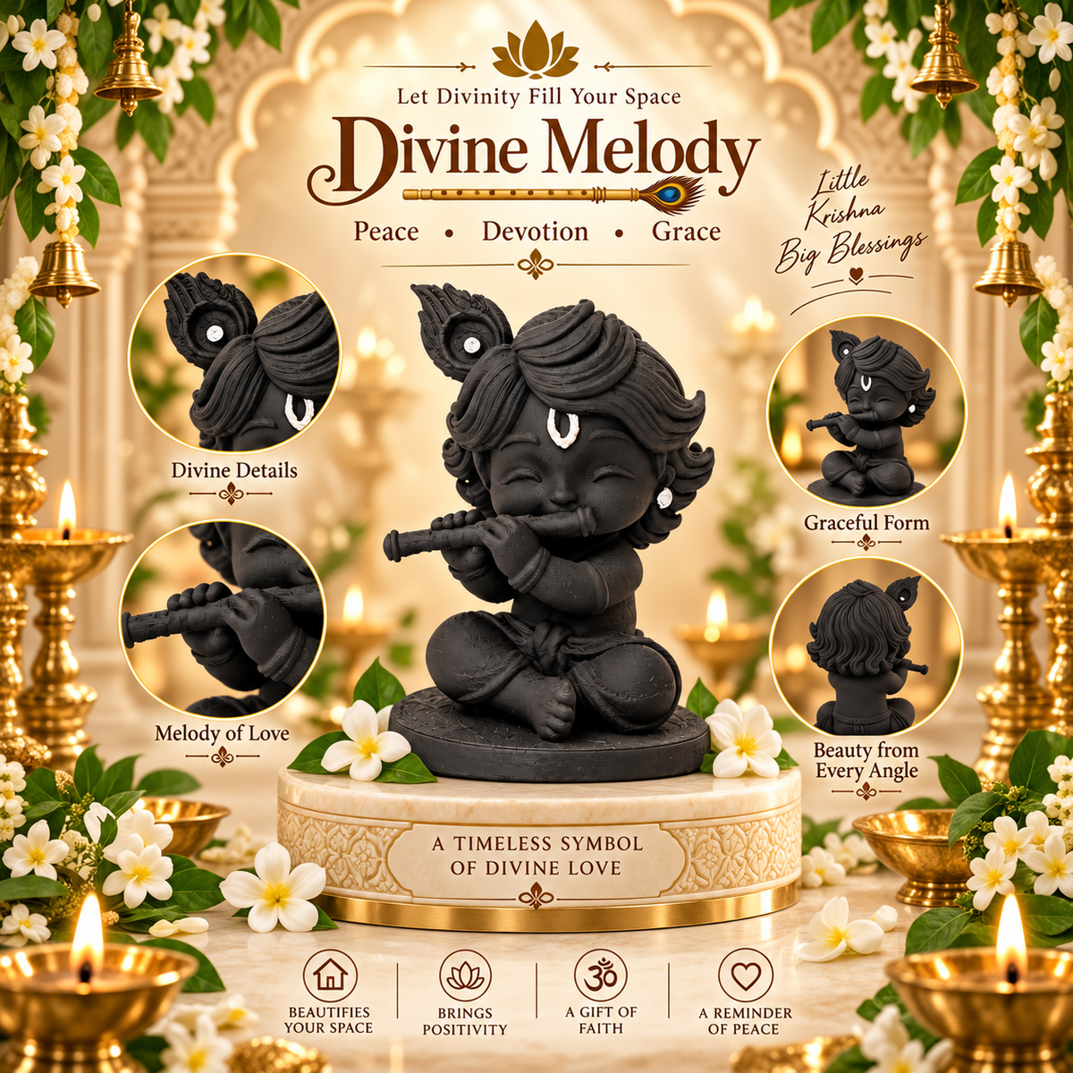 Little Krishna Black Murti | Premium Bal Gopal Statue with Flute for Home & Pooja Room