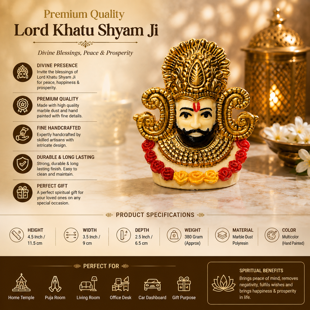 Premium Khatu Shyam Ji Murti | Hand-Painted Multicolor Shyam Baba Idol for Home & Pooja Room