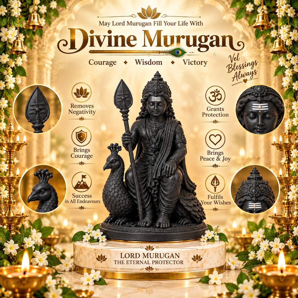 Lord Murugan Murti – Premium Black Kartikeya Statue with Peacock & Vel for Home Temple