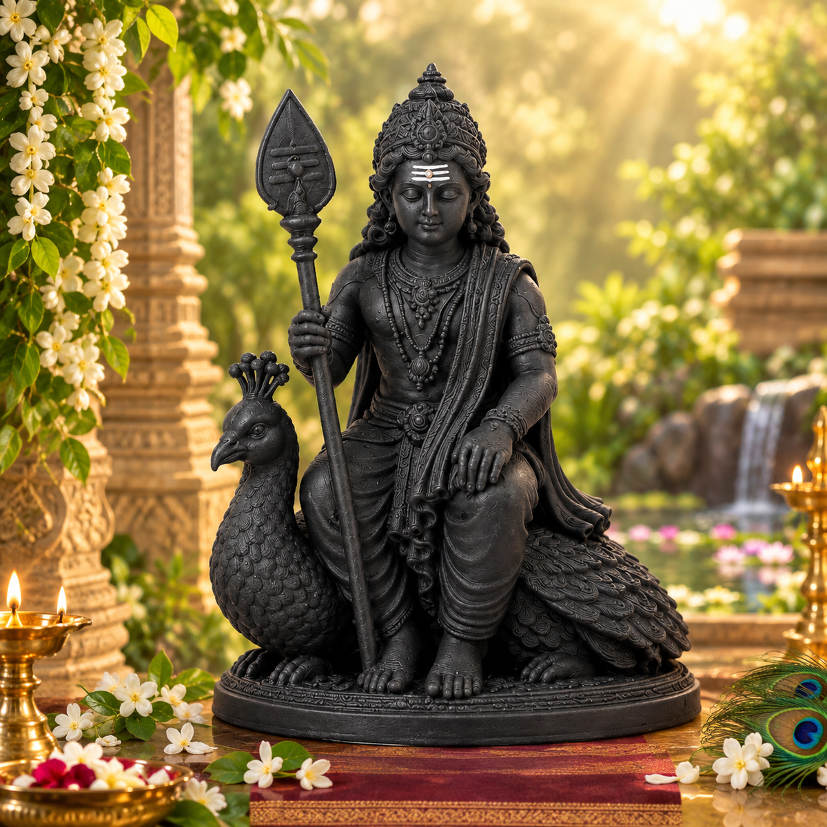 Lord Murugan Murti – Premium Black Kartikeya Statue with Peacock & Vel for Home Temple